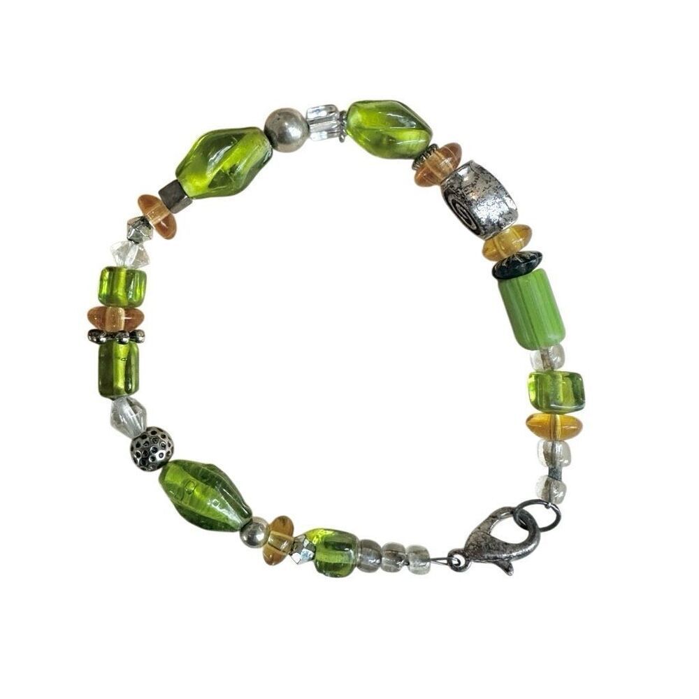 Colorful Green & Amber Glass Bead Bracelet with Mixed Metals
